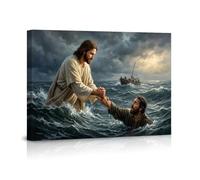 Jesus Christ Canvas Wall Art Walking on Water Poster Jesus Saving Peter Religious Christian Home Decor Inspirational Bible Story Print Living Room Bedroom Faith Artwork-08x12inch(20x30cm)-Frame-style