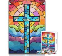 Jesus Christ Cross Glass Hard Jigsaw Puzzle for Adults 1000 Pieces Educational Mind Challenge Game Unique Gift with Sentimental Value Size 38x26cm