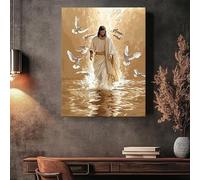 Jesus Christ in White Robes with Doves Canvas Painting Golden Illuminated Scene, Bohemian Wall Art for Living Room Decor(50x70cm/Canvas wrapped)
