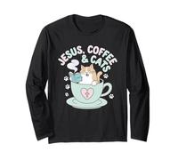 Jesus Coffee Cats Funny Cute Design Jesus Lovers Christian Long Sleeve T-Shirt