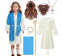 Jesus Costumes Kids, Jesus Christ Saint Red White Robe Halloween Boy Girls Wig Scarf Shawl Waist Christmas Book Day Easter Funny Fancy Dress Up Party Outfits (Blue White, M)