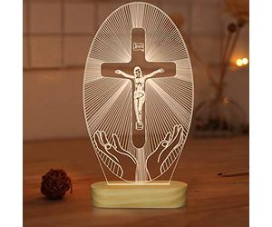 Jesus Cross 3D Night Light, Christ Optical Illusion Lights, Warm White Wooden Handmade, The Lord Desk Lamps Room Home Decor Xmas Birthday Easter Gifts(jesus1)