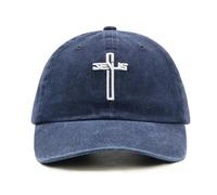 Jesus Cross Baseball Cap for Men Women, Religious Gifts for Dad Mom Christians, Washed Cotton Vintage Embroidered Hat Blue