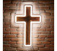 Jesus Cross LED Neon Sign Light Up Jesus Cross Lights Lighted Christian Neon Signs with Base for Church Wedding Bedroom Dorm Garage Bar Prayer Room Wall Decor Desktop Counter Art or Gifts