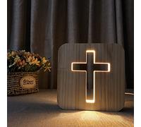 Jesus Cross Night Light, Creative Modelling 3D Wood Carving LED Night Light, USB Powered Warm White Light Table Lamp Bedroom Decoration Wooden Lamp Illuminated Gift Christian Religious