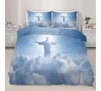 Jesus Duvet Cover Double Jesus Statue Bedding Set Heaven'S Stairs Comforter Set Retro Bohemian Duvet Cover with Zipper Ties for Bedroom