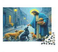 Jesus Feeds Stray Dogs 1000 Piece Puzzle Compassionate Jesus Impossible Puzzle Durable Interlocking Pieces Recycled Cardboard for Puzzle Enthusiasts 52x38cm/1000pcs
