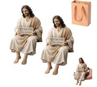 Jesus Figurines, Handmade Sitting Design Jesus Christ Statue for Home Office Table Decor Religious Gifts (2Pcs)
