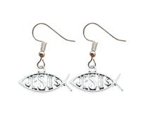 Jesus Fish Earrings Christian Catholic Church God Holy Ichthus Protestant Religion Jewellery Religous Faith Gift Silver Bible Pray Prayer Earring Dangle Drop Gift