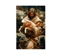 Jesus Holding Lamb Surrounded by Wolves Print, Spiritual Christian Protection Art, Divine Sacrifice Religious Poster