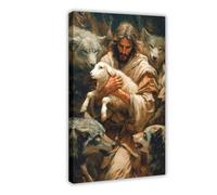 Jesus Holding Lamb Surrounded by Wolves Print, Spiritual Christian Protection Art, Divine Sacrifice Religious Poster