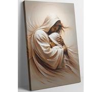 Jesus Hugging Girl Canvas Wall Art Safe In His Arms Picture Wall Decor Modern Christian Healing Embrace Mormon Poster Print Artwork for Prayer Room Bedroom Living Room Church Home Decoration