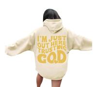 Jesus Im Just Out Here Trusting God Trendy Hoodies for Women Fall Crewneck Christian Graphic with Hood Sweaters Pray The Lord Fashion Essential Casual Long Sleeve Hooded Clothes Cool Beige