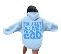 Jesus Im Just Out Here Trusting God Trendy Hoodies for Women Fall Crewneck Christian Graphic with Hood Sweaters Pray The Lord Fashion Essential Casual Long Sleeve Hooded Clothes Cool Blue