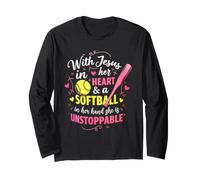 Jesus in Her Heart Softball Hand She is Unstoppable Pitcher Long Sleeve T-Shirt