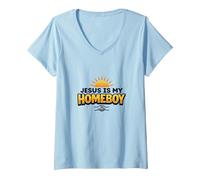 Jesus is My Homeboy Inspirational Christian Graphic, Jesus V-Neck T-Shirt, Women, Baby Blue, L