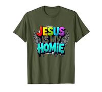 Jesus is My Homie: Vibrant Rainbow Wings Faith Statement T-Shirt, Men, Olive, XL