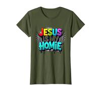 Jesus is My Homie: Vibrant Rainbow Wings Faith Statement T-Shirt, Women, Olive, L