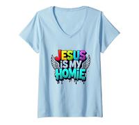 Jesus is My Homie: Vibrant Rainbow Wings Faith Statement V-Neck T-Shirt, Women, Baby Blue, M