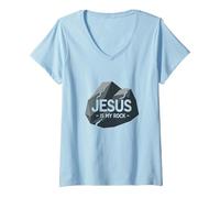 Jesus is My Rock: Inspirational Christian Graphic, Jesus V-Neck T-Shirt, Women, Baby Blue, M