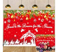 Jesus is The Reason for The Season Backdrop Red Christmas Nativity Scene Photography Background Religious Xmas Holiday Indoor Party Decorations Banner Photo Booth (94X70 inch (8x6FT))