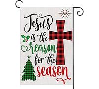 Jesus is The Reason For The Season Double Sided Garden Flag with Cross and Tree, 12.5x18 Inch Vertical Outdoor Decor for Christmas Winter, Farmhouse Yard