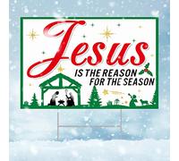 Jesus Is The Reason for The Season Sign Christmas Outdoor Decorations Christmas Yard Lawn Signs with Metal Stand Nativity Decor for Church Home Business Stores Party 16 x 24 Inch (Red Background)