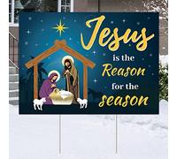 Jesus Is The Reason for The Season Yard Sign Christmas Outdoor Decorations Christmas Holiday Yard Lawn Sign with 2 Sticks Nativity Decoration for Church Home Businesses Stores Parties 19 x 14 Inch