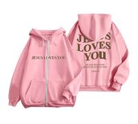 Jesus Jesus Loves You Hoodies Cute for Women Trendy Christian Graphic with Hood Tops God Fashion Vintage Fleece Lined Drawstring Zipper Outfits Gothic Religious Pray The Lord Hooded Pink