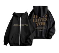 Jesus Jesus Loves You Hoodies Cute for Women Trendy Christian Graphic with Hood Tops God Fashion Vintage Fleece Lined Drawstring Zipper Outfits Gothic Religious Pray The Lord Hooded Black
