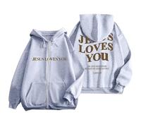 Jesus Jesus Loves You Hoodies Cute for Women Trendy Christian Graphic with Hood Tops God Fashion Vintage Fleece Lined Drawstring Zipper Outfits Gothic Religious Pray The Lord Hooded Light Gray