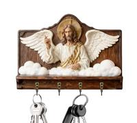 Jesus Keychains - 11.82 Inch Wall Mount Holder Entryway Organizer | Decorative Wooden Holder - 2D Jesus Design with 4 Hooks for Home Apartment Church Entryway Kitchen Sofa Bedroom