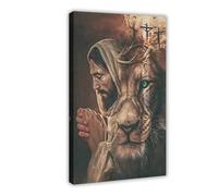 Jesus, lion, cross, Christian mural, poster of the Son of God, canvas, wall art decoration, living room and bedroom 24x36inch(60x90cm)