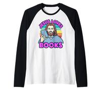 Jesus Loves Books Reading Novel Stories Reader Bible Writer Raglan Baseball Tee