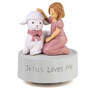Jesus Loves Me Music Box, Baptism Musical Figurine for Girls with Lamb, Hand-Painted Religious Gift for Christian Baby, Christening, First Communion, Easter, Christmas, Plays 'Jesus Loves Me' Melody