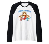 Jesus Loves Us Christian Kids Faith Christianity Cute Doodle Raglan Baseball Tee