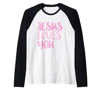 Jesus Loves You, Distressed Pink Message, Christian Raglan Baseball Tee