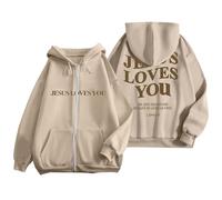 Jesus Loves You Drawstring Hoodies for Women 2025 Fleece Lined Lightweight Hooded Tops Workou Christian Graphic Zipper Clothes Cute Plain Loose Fit Anime Trendy University Y2K Beige