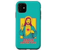 Jesus Loves You Sacred Heart Christian Retro Pop Art Teal Case for iPhone 11