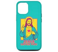 Jesus Loves You Sacred Heart Christian Retro Pop Art Teal Case for iPhone 12/12 Pro