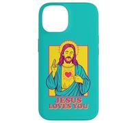 Jesus Loves You Sacred Heart Christian Retro Pop Art Teal Case for iPhone 14