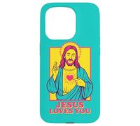 Jesus Loves You Sacred Heart Christian Retro Pop Art Teal Case for iPhone 15 Pro