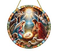 Jesus Nativity Scene Sign - Flat Round Acrylic Window Decor,Religious Christmas Tree Decor, Nativity Scene Decoration, Front Door Ornament for Adults