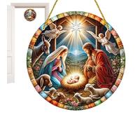 Jesus Nativity Scene Sign | Flat Round Acrylic Window Decor - Religious Christmas Tree Decor, Nativity Scene Decoration, Front Door Ornament for Adults