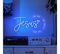 Jesus Neon Sign Neon Sign, Christian Bible Verse Led Light Wall Dimmable | Religious Home Decor, Faith-Inspired Jesus Christ Sign, Blue Acrylic Material for Believers 14.96" x 8.74"