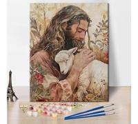Jesus Paint by Numbers for Adults,DIY Lamb Painting by Numbers Kits wit Canvas Wall Decor with Brushes and Pigment Jesus Holding the Lamb Oil Painting for Friends Family (Frameless) 16"x20"Inch