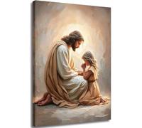 Jesus Praying with Girl Canvas Wall Art Christian Paintings Jesus with Children Wall Decor Religious Bible Story Posters Prints for Living Bedroom Room Church Home Pictures Decoration Framed