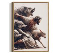 Jesus Protecting Lamb Framed Canvas Wall Art 16x24 inch