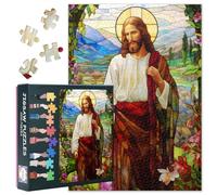 Jesus Puzzles for Adults 1000 Pieces Jesus Christ with Flowers Stained Glass Church Window Jigsaw Puzzles for Adults Home Decor Challenging Religious Theme Puzzle as Gift Family Game Night 27.5"X19.7"