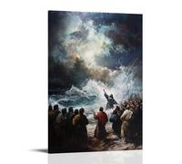 Jesus Rebuking The Storm with A Hand Raised, Thunder Halting Mid-sky As Waves Fall still Around The Awestruck Disciples. Contemporary Wall Mural - Decorative Hanging Poster Art 08x12inch(20x30cm)